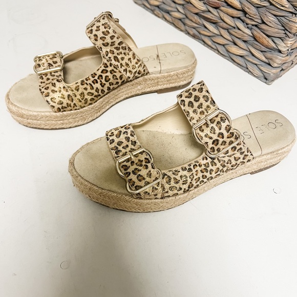 Sole Society Calf Hair Leopard Print Gold Shimmer Espadrille Buckle Platform 9.5 - Picture 7 of 9